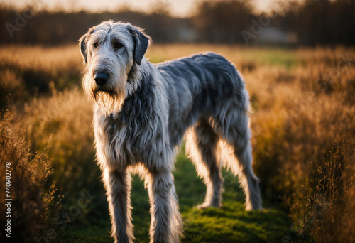 The Irish Wolfhound dog poses with his whole body in nature