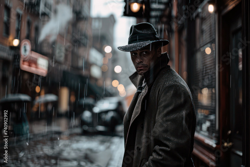 Mysterious man in a hat and coat on a rainy city night © ColdFire