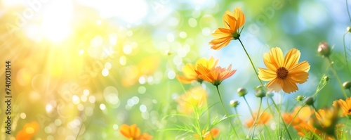 Sun-kissed golden flowers sway gently, basking in the radiant glow of a soft-focus summer backdrop