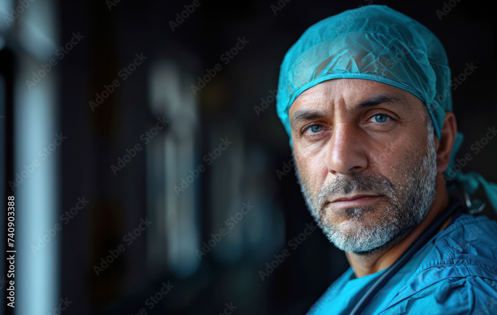 Determined surgeon in scrubs with a focused expression in a hospital