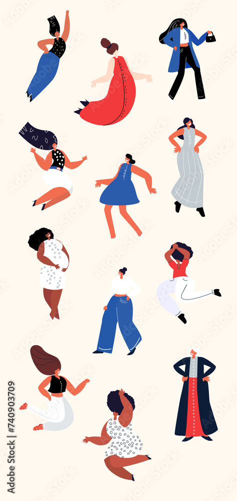 Set of Stickers with Beautiful Women with Different Beauty,Hair,Skin Color.Party,Dances. Beautiful People with Different Races,Nations.Diversity.The Femininity Concept.Vector flat Illustration