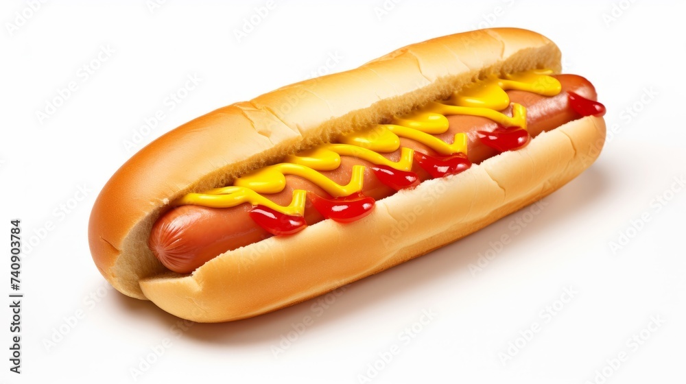 Tasty hot dog with ketchup and mustard isolated on a white background Tasty hot dog with ketchup and mustard isolated on a white background