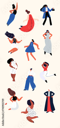 Set of Stickers with Beautiful Women with Different Beauty Hair Skin Color.Party Dances. Beautiful People with Different Races Nations.Diversity.The Femininity Concept.Vector flat Illustration