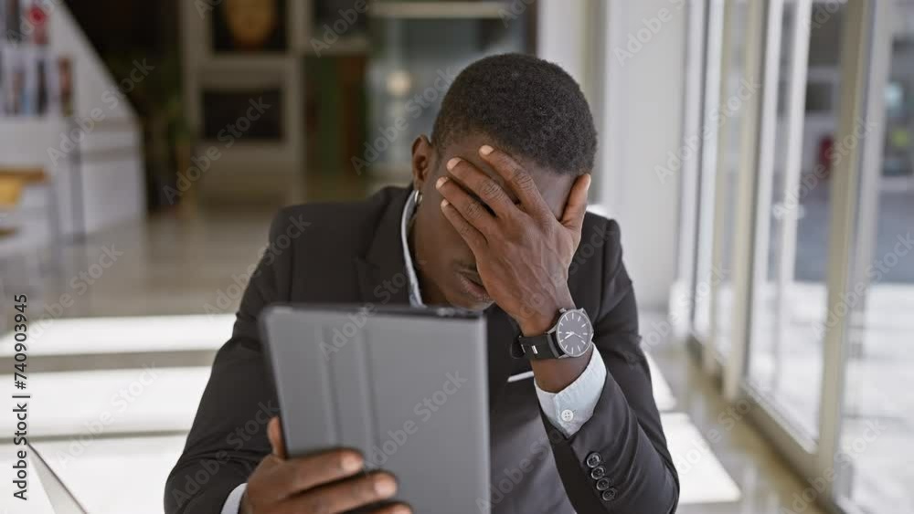 Stressed businessman covering face with hand in modern office setting, reflecting concern or headache. Stressed businessman covering face with hand in modern office setting, reflecting concern or headache.
