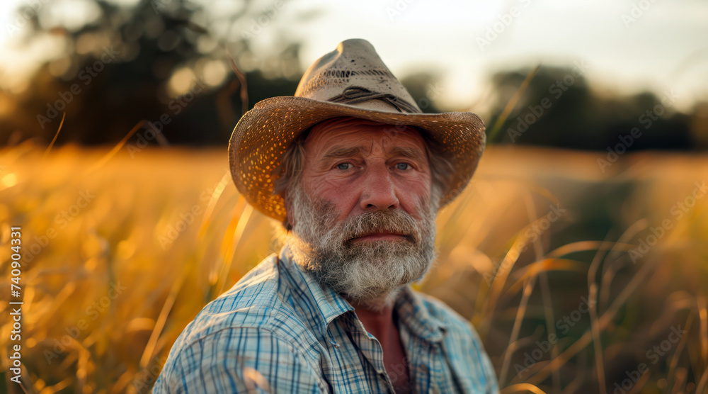 Farmer in hat during golden hour in field