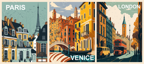 Set of Travel Destination Posters in retro style. Paris, France, London, England, Venice, Italy prints. European summer vacation, holidays concept. Vintage vector colorful illustrations.