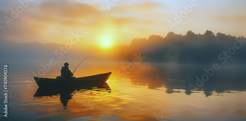 Fisherman in boat on misty lake at sunrise