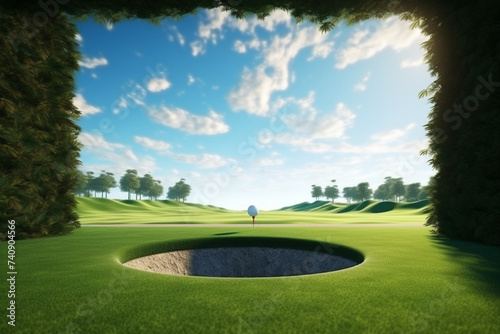 golf hole, view from inside, ball falling. view of the sky and the grass. 3d render. nobody around. sport and victory concept 
