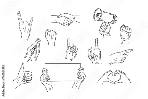 Hands gestures contour hand drawn sketchy set. Female hands. Feminism concept. Ideal for coloring pages, tattoo, pattern