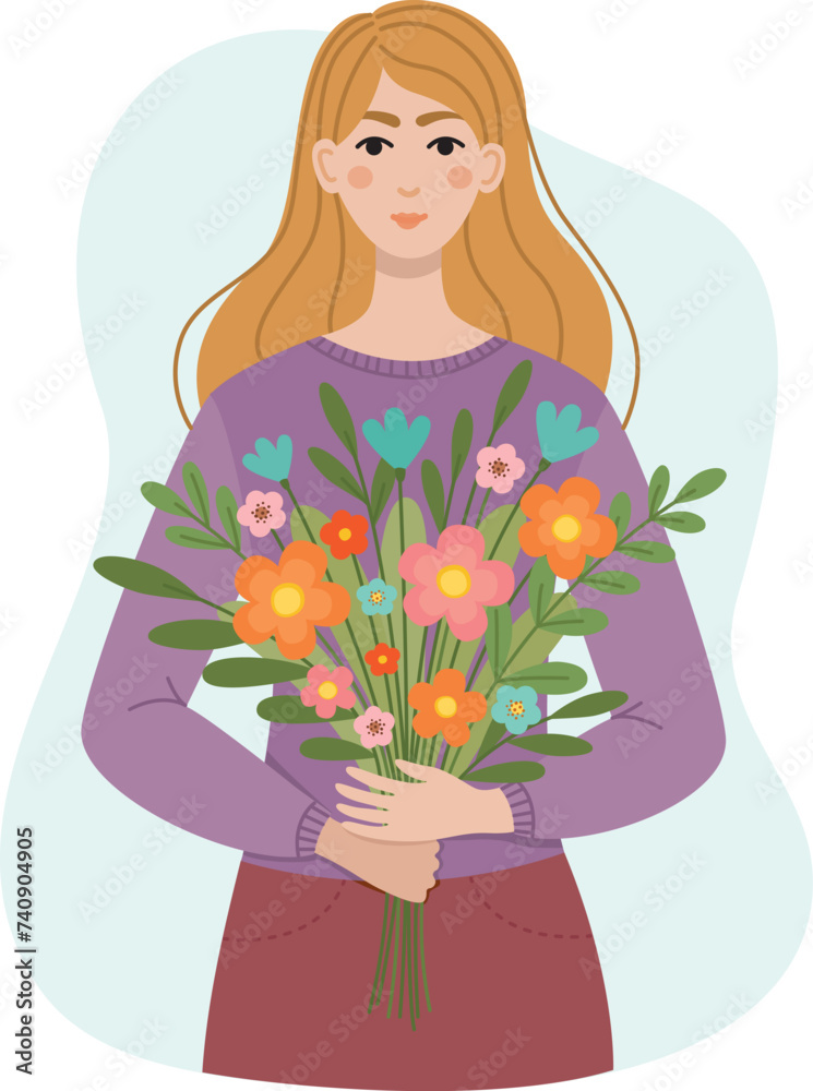 Vector illustration of a beautiful girl with bouquet of flowers. Young cute woman in flat style