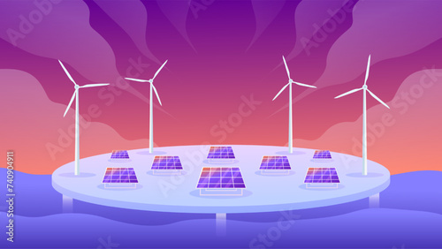 Solar panels and wind turbines installed as renewable station an energy sources for electricity and power supply.Innovation,Green Energy Source. Alternative Renewable Energy. 