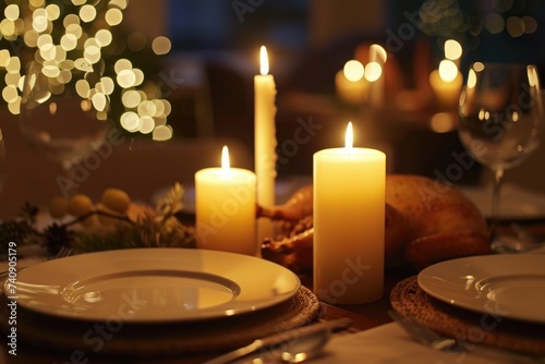 A beautifully arranged dinner table set with lit candles and neatly arranged plates, Glowing candles casting serene light on a Thanksgiving dinner, AI Generated