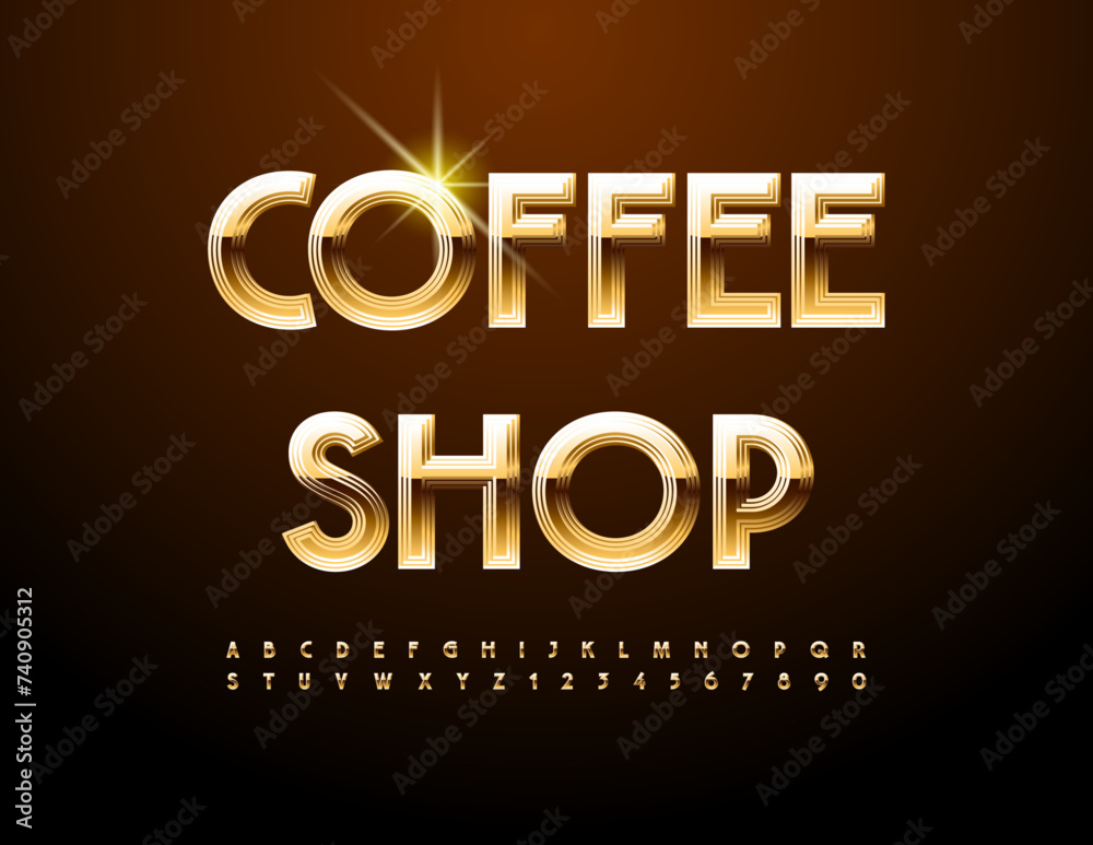 Vector trendy emblem Coffee Shop. Premium Gold Font. Stylish Alphabet Letters and Numbers.