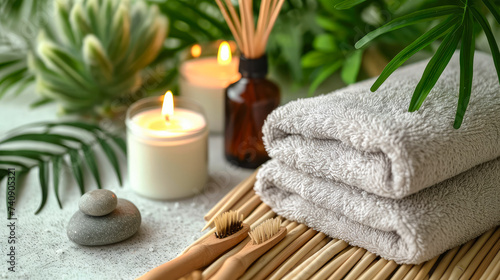 Luxurious Towels and Robes: Arrange plush and neatly folded towels and robes, showcasing the comfort and quality associated with spa experiences. Aromatherapy Diffuser