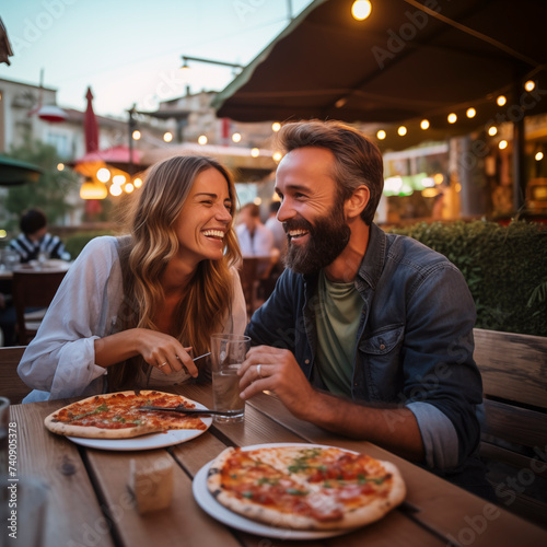 Happy young adult couple have fun eating a pizza together outdoor in traditional italian pizzeria restaurant sitting and talking and laughing. People enjoying food and dating relationship. Tourists