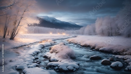 winter landscape in the mountains. A snowy landscape with a stream running