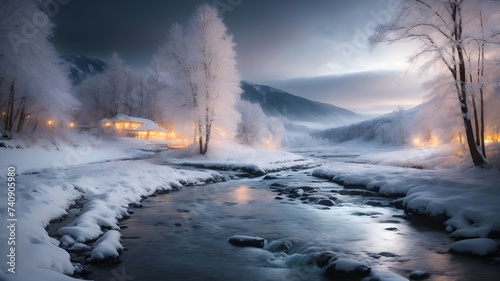 sunset in the mountains. A snowy landscape with a stream running