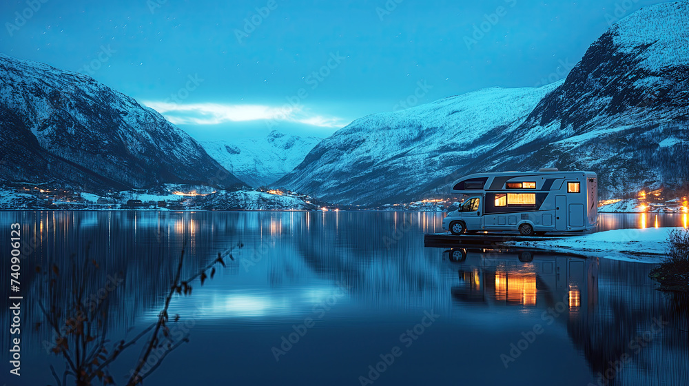 Luxury very rich motorhome on the background of the Norwegian fjords at night. Concept of the Quite Luxury - obrazy, fototapety, plakaty 