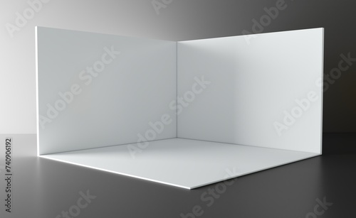 3D exhibition booth. Showroom. Square corner. Empty geometric square. Blank box template. White blank exhibition stand. Presentation event room. 