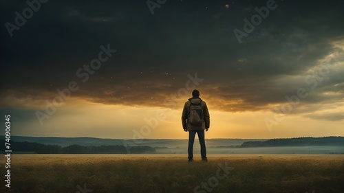 silhouette of a person in the sunset. A man standing in the middle of a field poster art