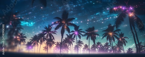 Tropical palm trees adorned with twinkling holiday lights under the night sky. Concept Tropical, Palm Trees, Holiday Lights, Night Sky