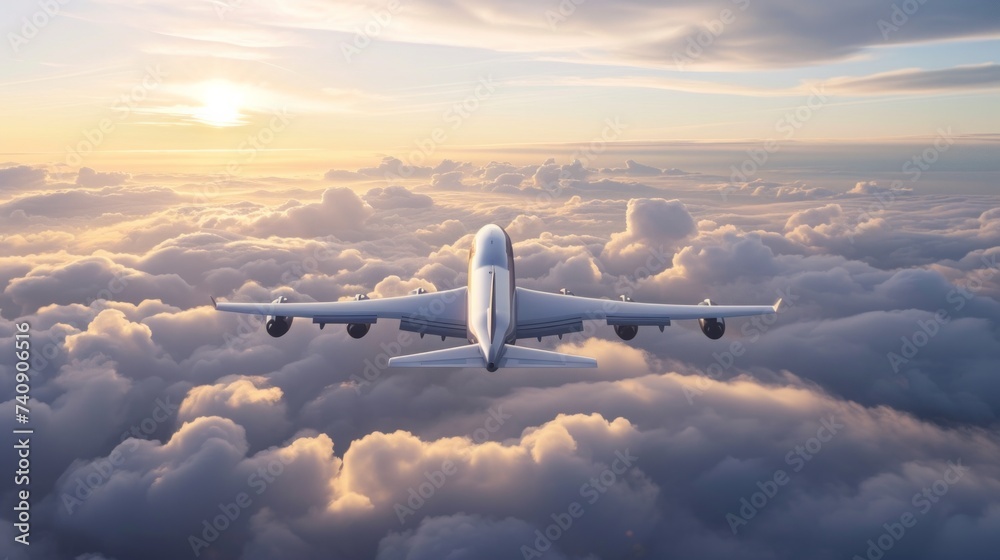 Passenger jet plane in the sky. Airplane flies high above the clouds. - obrazy, fototapety, plakaty 