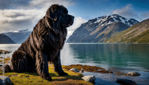 The Newfoundland dog poses with his whole body in nature photo