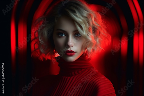 Stylish studio color creative female portrait of a beautiful stylish woman in fashionable clothes with red light on a dark background