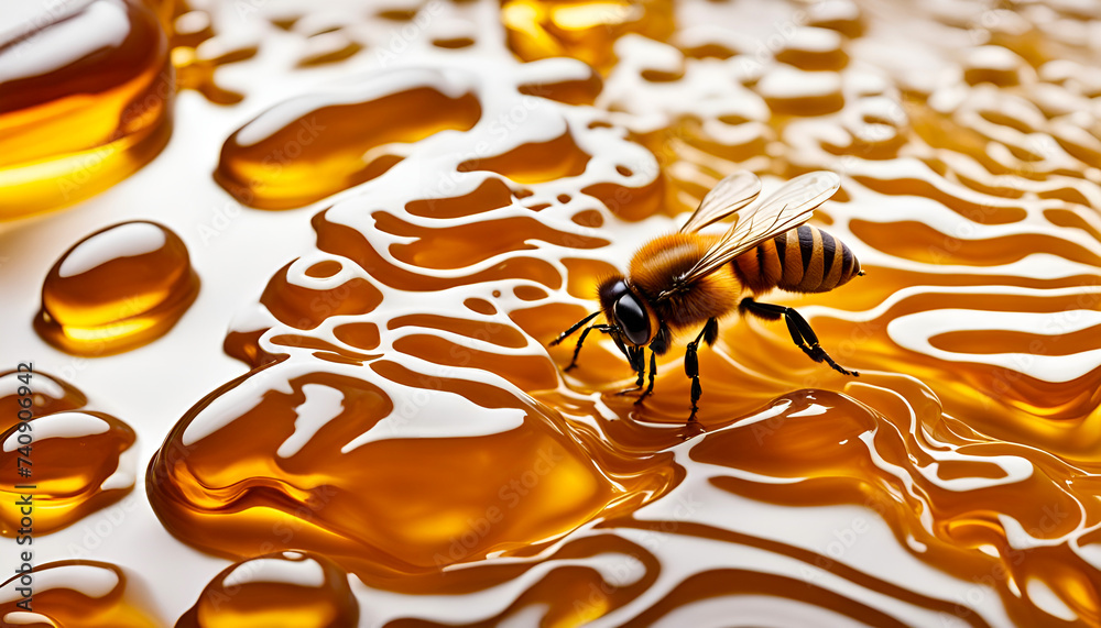 fleißige Bienen Honigbienen Insekten schwirren und fliegen vor Hintergrund in weiß mit Honig und Waben, Makro hübscher Tiere der Natur Nützlinge für Blüten Blumen Bestäubung und Nahrung - obrazy, fototapety, plakaty 