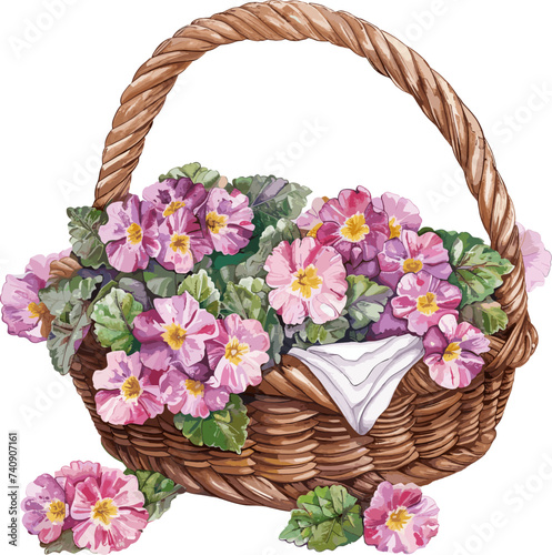 Basket with flowers watercolor clipart. AI generated illustration.