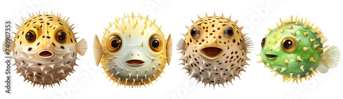  Set of puffer fish isolated on transparent background.