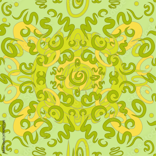Lime and yellow carpet like ornamentation arranged in vector seamless pattern. Calligraphy lines in surface art texture for printing on various surfaces or usage in graphic design