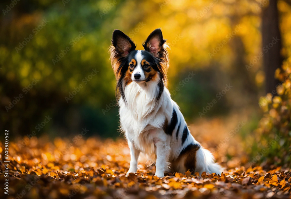 The Papillon dog poses with his whole body in nature The Papillon dog poses with his whole body in nature