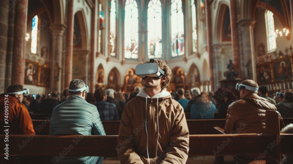 man in a church with virtual reality glasses sitting
