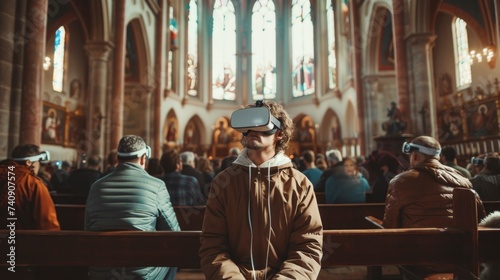 man in a church with virtual reality glasses sitting