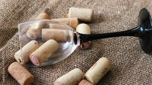 overturned empty glass goblet and wine bottle corks on textured fabric rotation. wine tasting, wine production, alcoholism concept photo