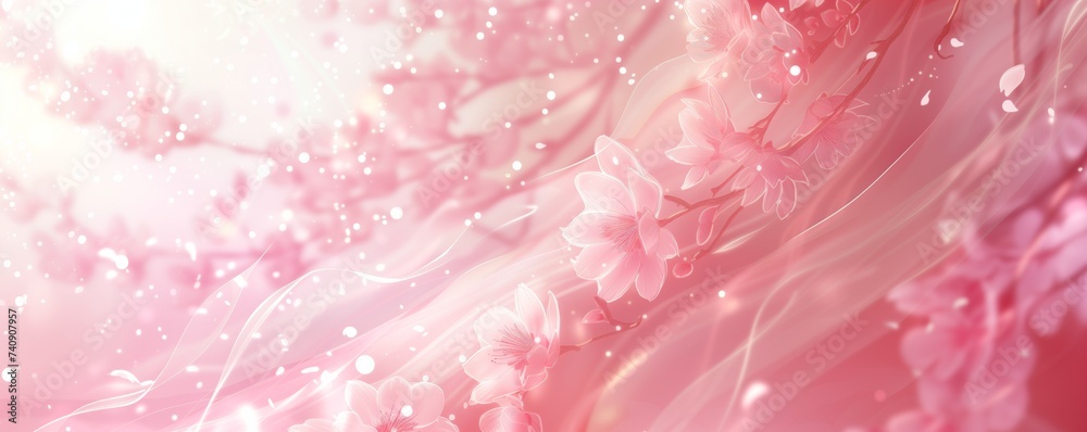 Blush-toned backdrop swirls with cherry blossoms, conveying a dreamlike quality in a delicate dance of light and petals
