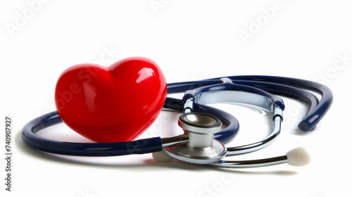 red heart-shaped object alongside a blue stethoscope against a white background, symbolizing healthcare, cardiology, and medical professions.