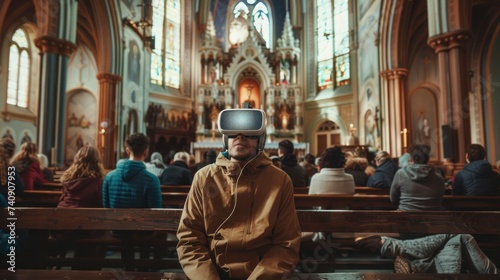 man in a church with virtual reality glasses sitting in high resolution and quality. concept church, culture and religion, Catholics, Christians