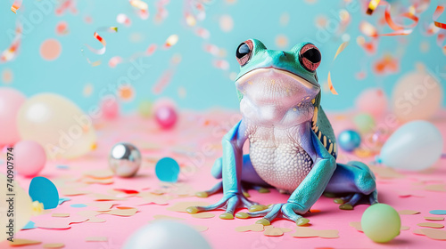 Cute frog Symbol of the day in a leap year, celebrating the frog jump event, on a festive background with flying confetti on a pastel background