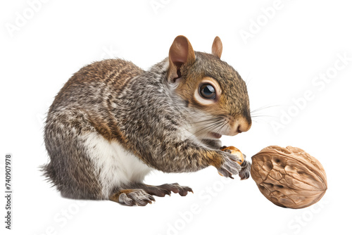 Eastern Gray Squirrel Holding a Walnut on White Transparent Background
