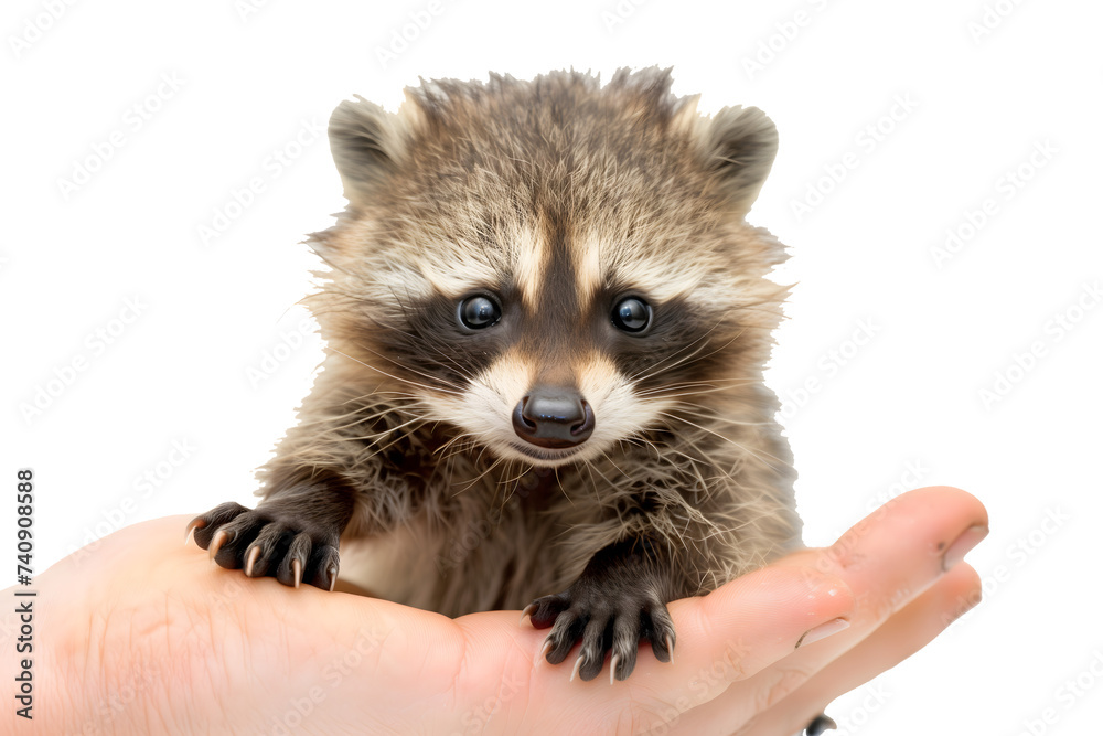 Adorable Baby Raccoon Held in Human Hand Isolated on White Transparent  Background
