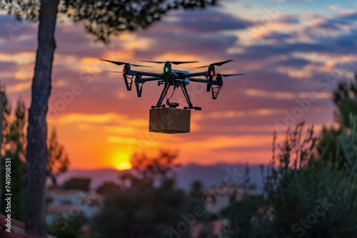 Smart package Drone Delivery agility in drone logistic. Box shipping smart alarms parcel smart irrigation transportation. Logistic tech plain box mobility maas
