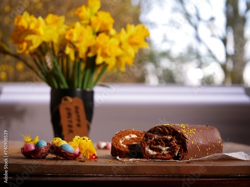 Easter chocolate cake and daffodils