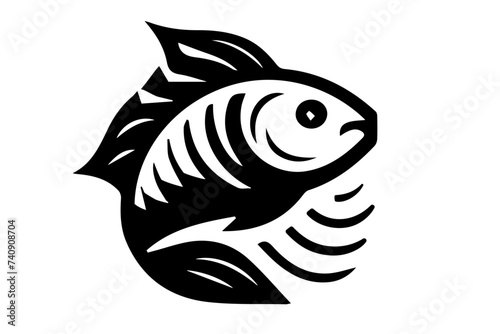 Black and white fish silhouette. Graphic icon isolated on white background. Marine life and seafood concept. Design for logo, emblem, stencil, tattoo, decal