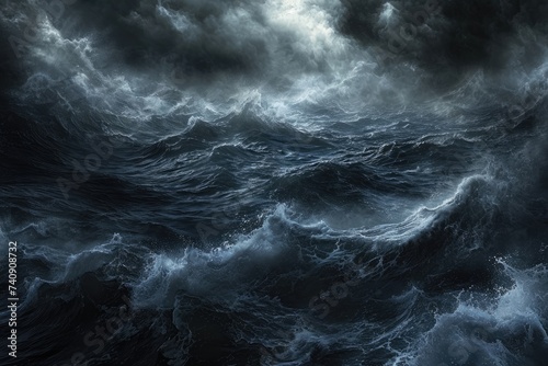 This painting captures the intense power of a storm in the ocean, with waves crashing against rocks, Gothic style image of a dark and stormy sea, AI Generated