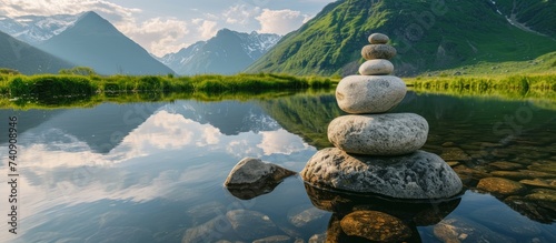 Tranquil scene of rock stack peacefully perched on top of serene lake photo