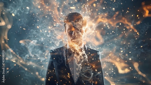 A man in a suit with fire in his head and fog around a surrealistic elements and ethereal light effects digital art photo
