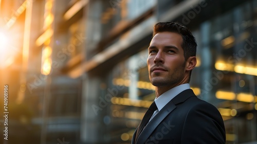 Businessman in Suit at Sunrise or Sunset with Intense or Lucid Gaze