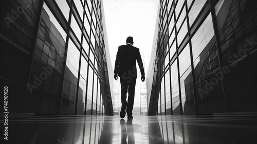 Businessman Walking in Black and White Hallway photo